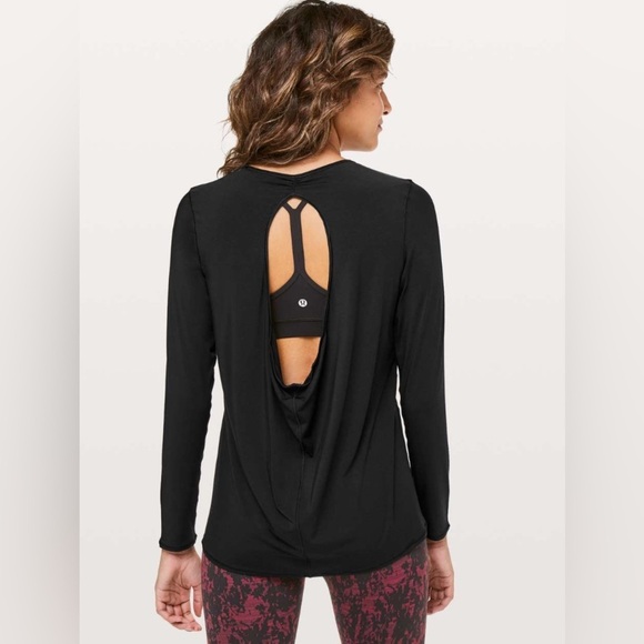 Lululemon Timeless Twist Long Sleeve Stretchy Black Open Back Top Flowy - Picture 1 of 7